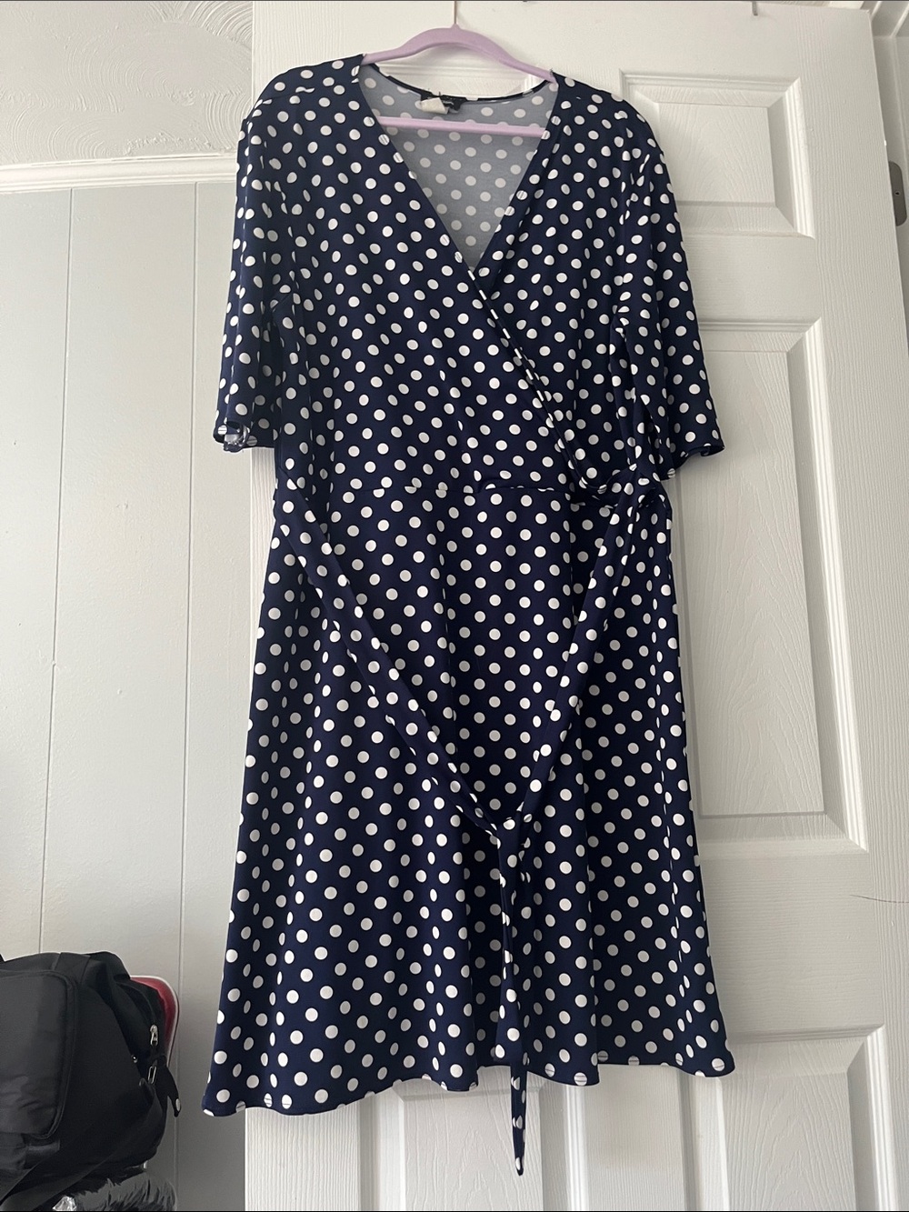 Star Vixen Navy and White Polka Dot Faux Wrap Midi Dress